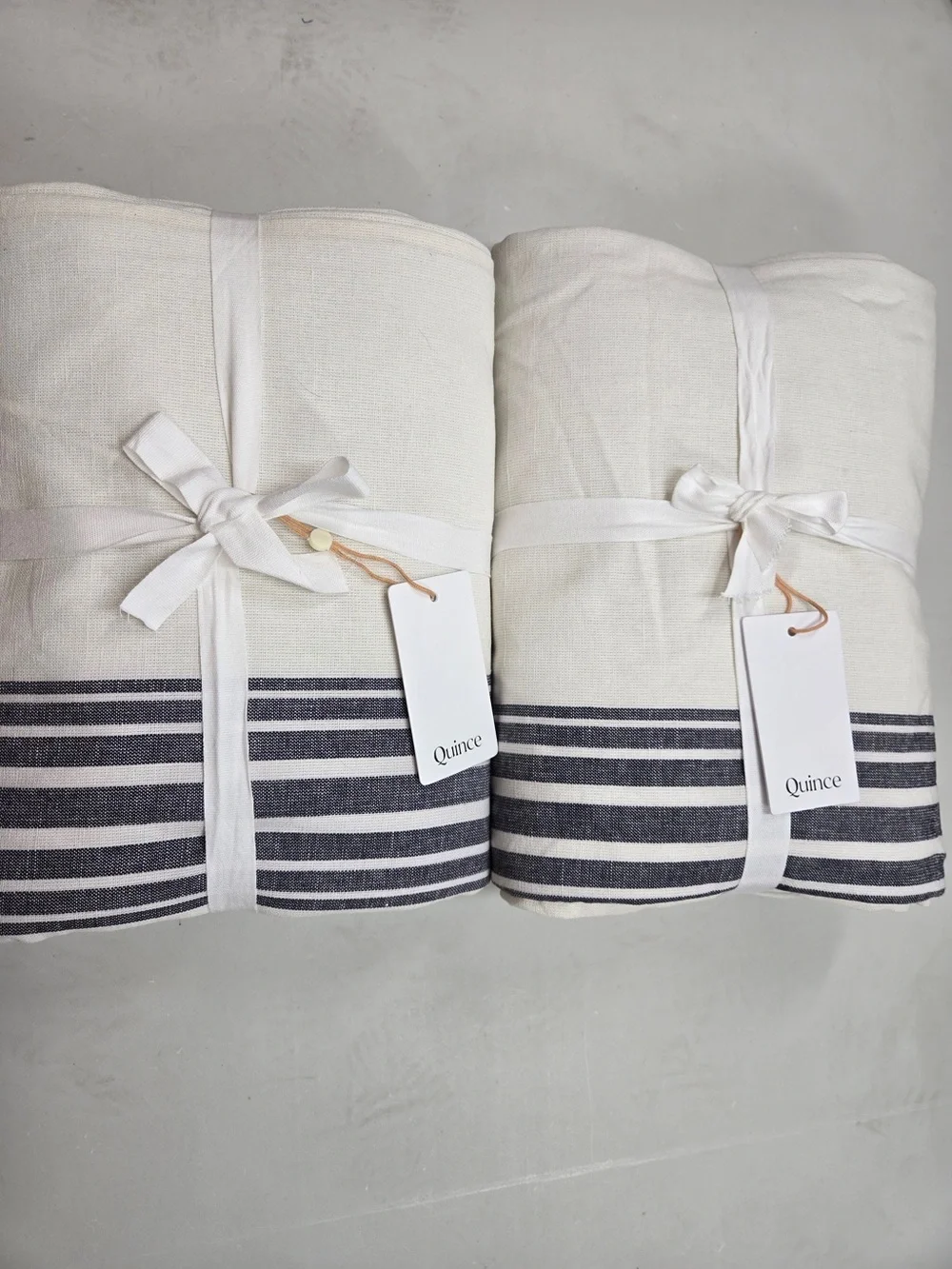 NWT QUINCE Set 2 48x96 Coastal Stripe Linen Cotton True Blackout Curtains 9232